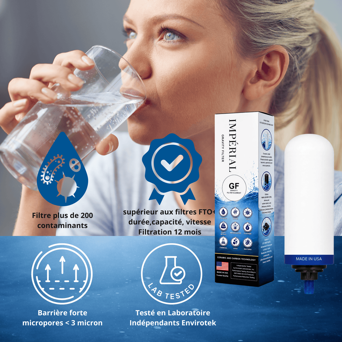 Fontaine filtrante gravitaire Monderma Fontaine Travel 5.6L inox | Robinet Vue | 2 filtres Impérial GF | 12 mois de filtration Monderma
