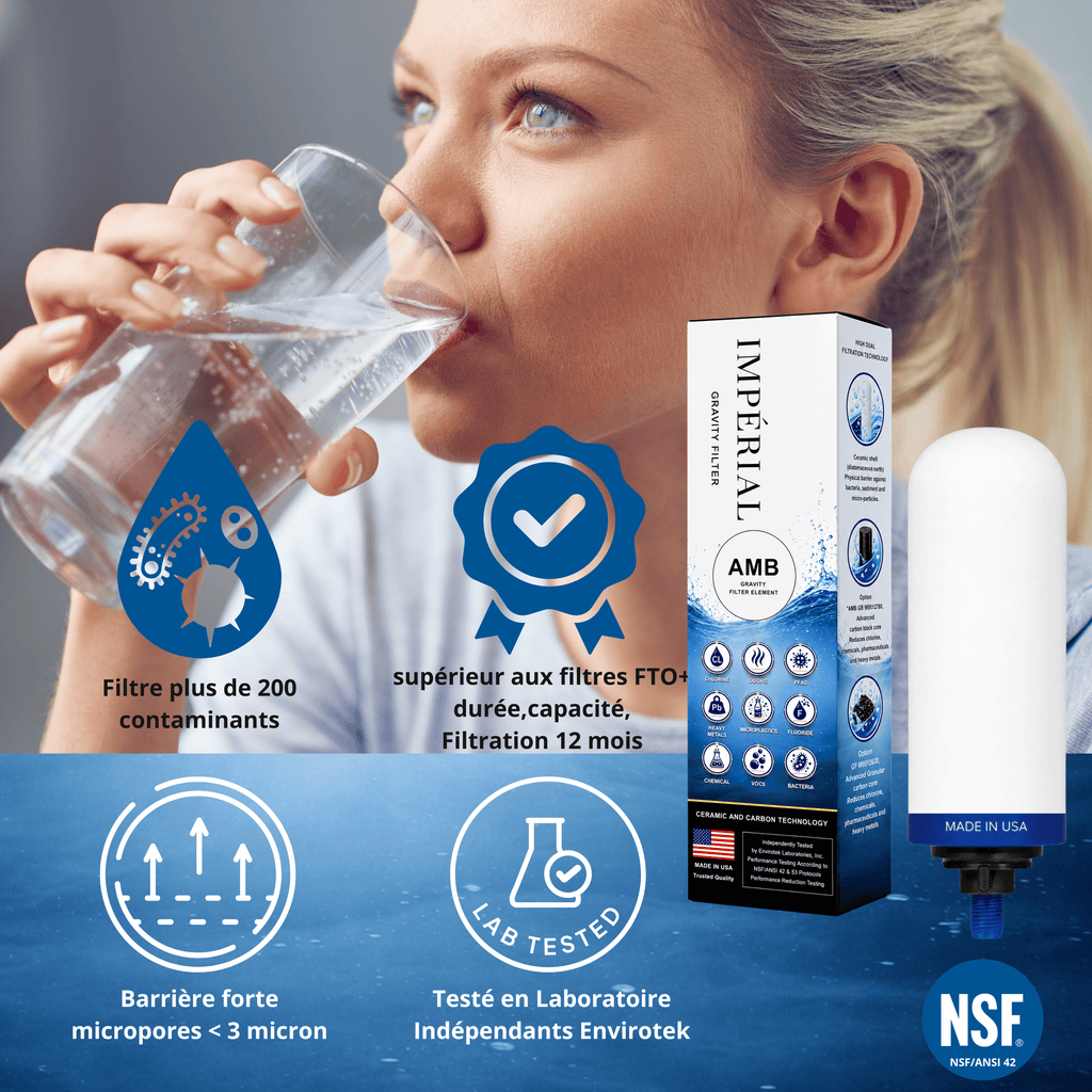 Monderma Fontaine Travel Fuente con filtro por gravedad de acero inoxidable de 5,6 L | Vista del grifo | 2 filtros AMB imperiales | 12 meses de filtración Monderma