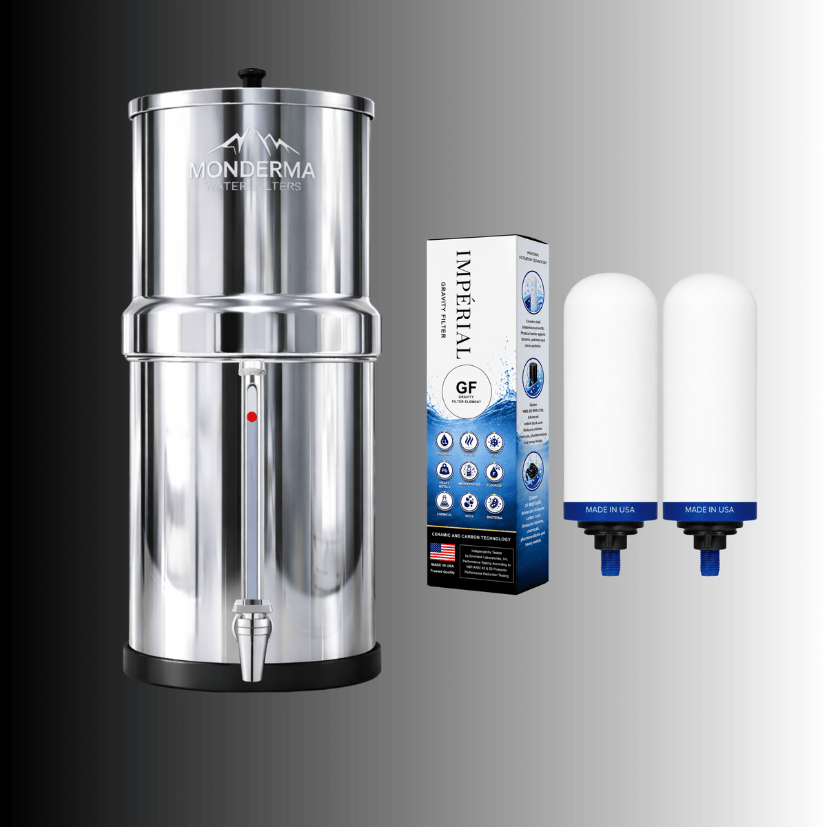 Fontaine filtrante gravitaire Monderma Fontaine Travel 5.6L inox | Robinet Vue | 2 filtres Impérial GF | 12 mois de filtration Monderma