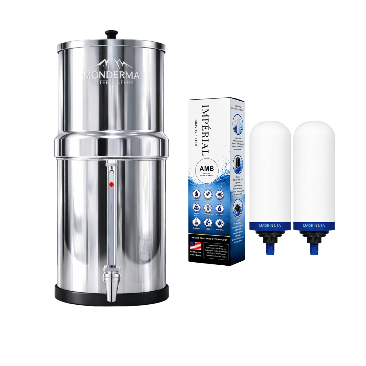 Fontaine filtrante gravitaire Monderma Fontaine Travel 5.6L inox | Robinet Vue | 2 filtres Impérial AMB | 12 mois de filtration Monderma