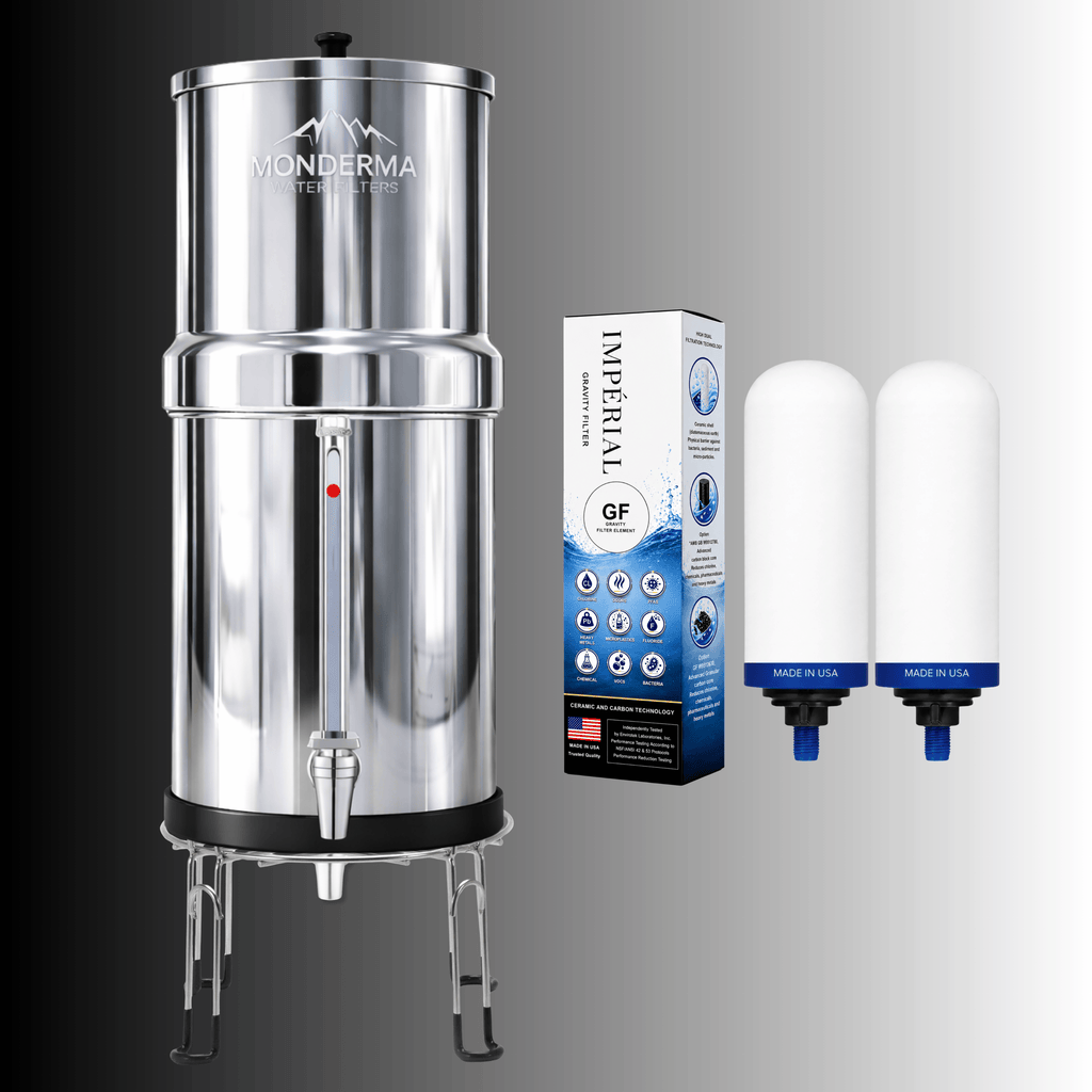 Monderma Fontaine Travel Fuente con filtro por gravedad de acero inoxidable de 5,6 L | Paquete premium | 2 filtros GF imperiales | 12 meses de filtración Monderma