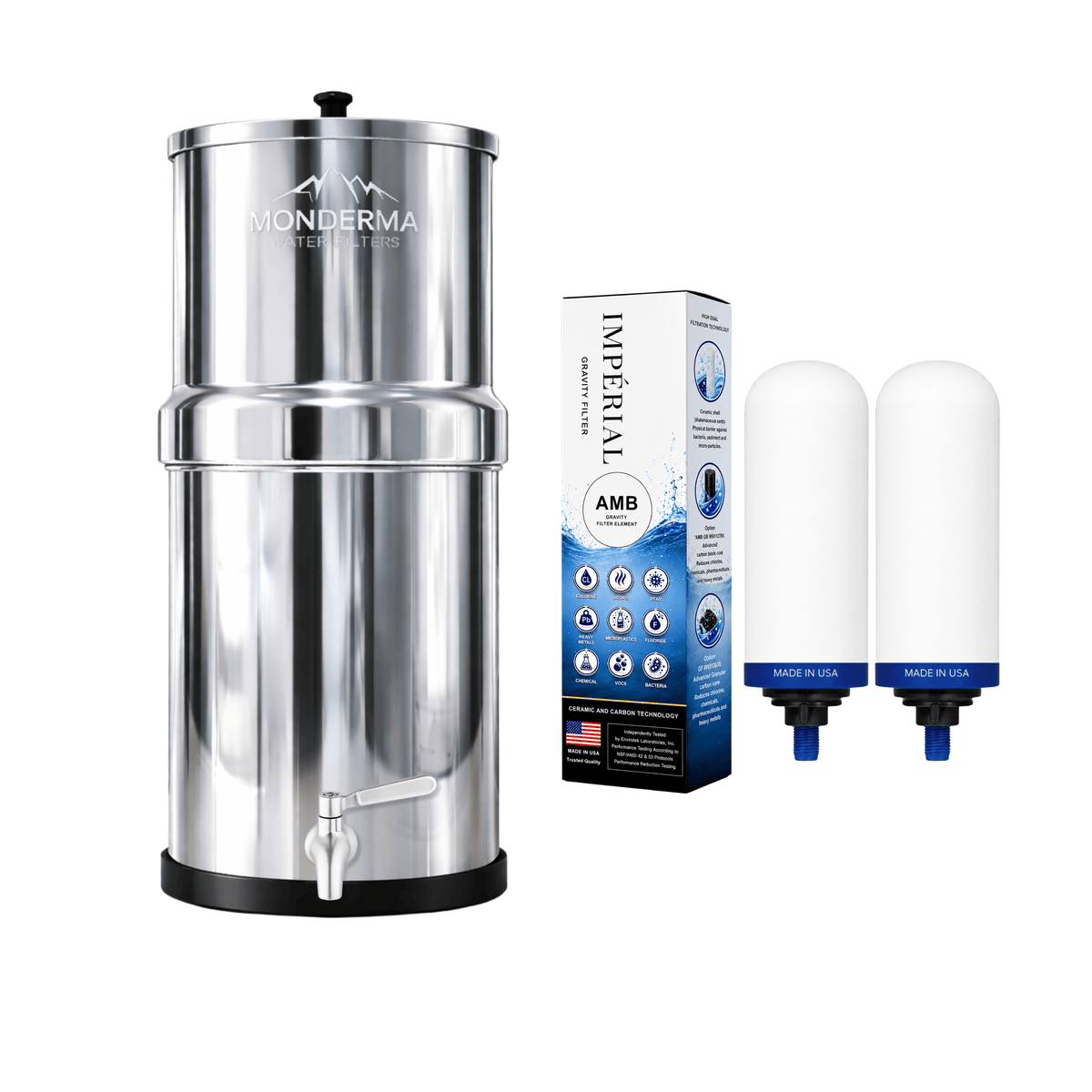 Fontaine filtrante gravitaire Monderma Fontaine Big 8.5L inox - 2 filtres Impérial AMB | 12 mois de filtration Monderma