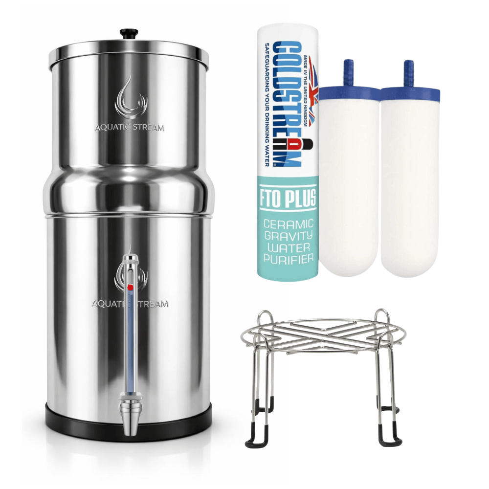 fontaine à gravité Aquaticstream 8.5L Gravity Filtration système - inclus filtres 2 FTO+, 1 base inox, 1 robinet avec vue Aquaticstream