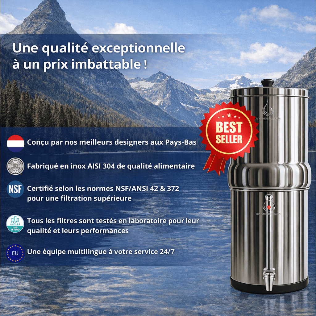 fontana a gravità Sistema di filtrazione a gravità Aquaticstream da 8,5 litri - include 2 filtri FTO+, 1 base in acciaio inossidabile, 1 rubinetto con vista Aquaticstream