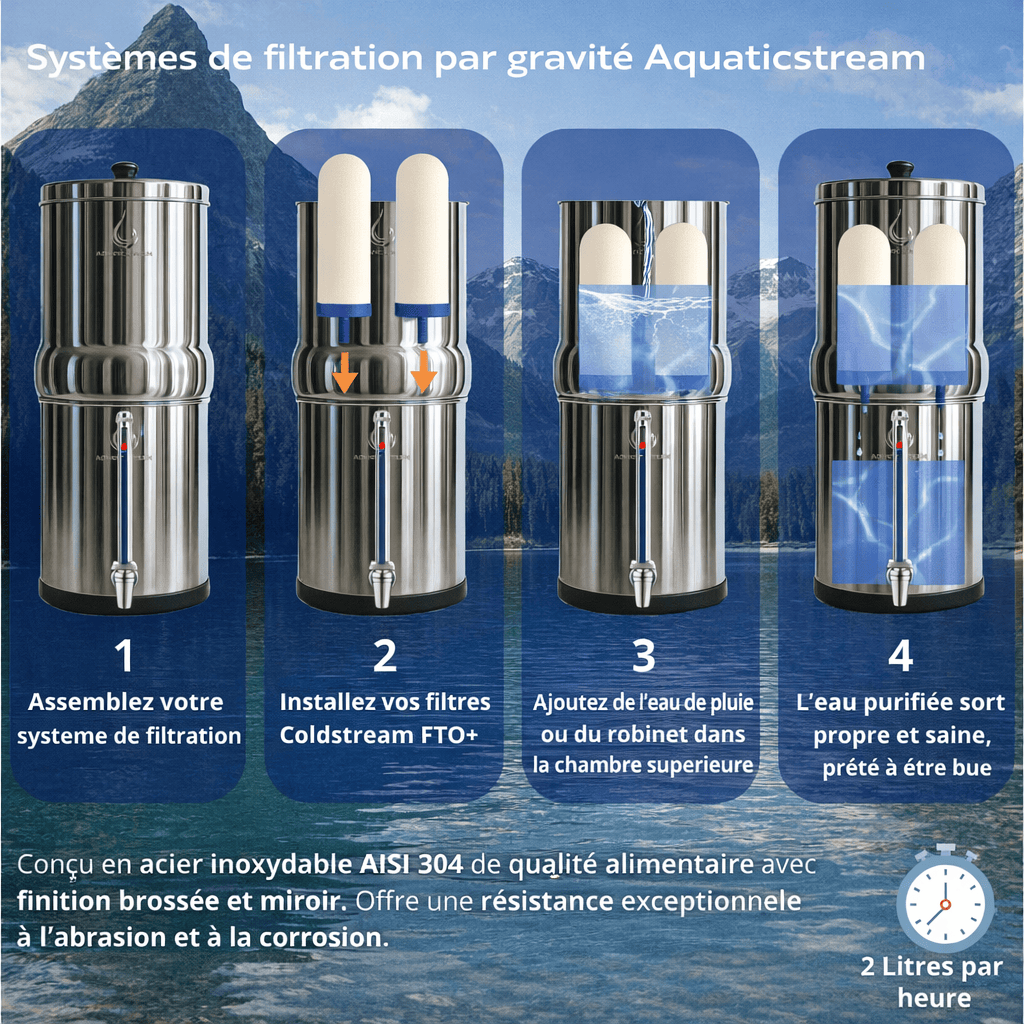 fontana a gravità Sistema di filtrazione a gravità Aquaticstream da 8,5 litri - include 2 filtri FTO+, 1 base in acciaio inossidabile, 1 rubinetto con vista Aquaticstream