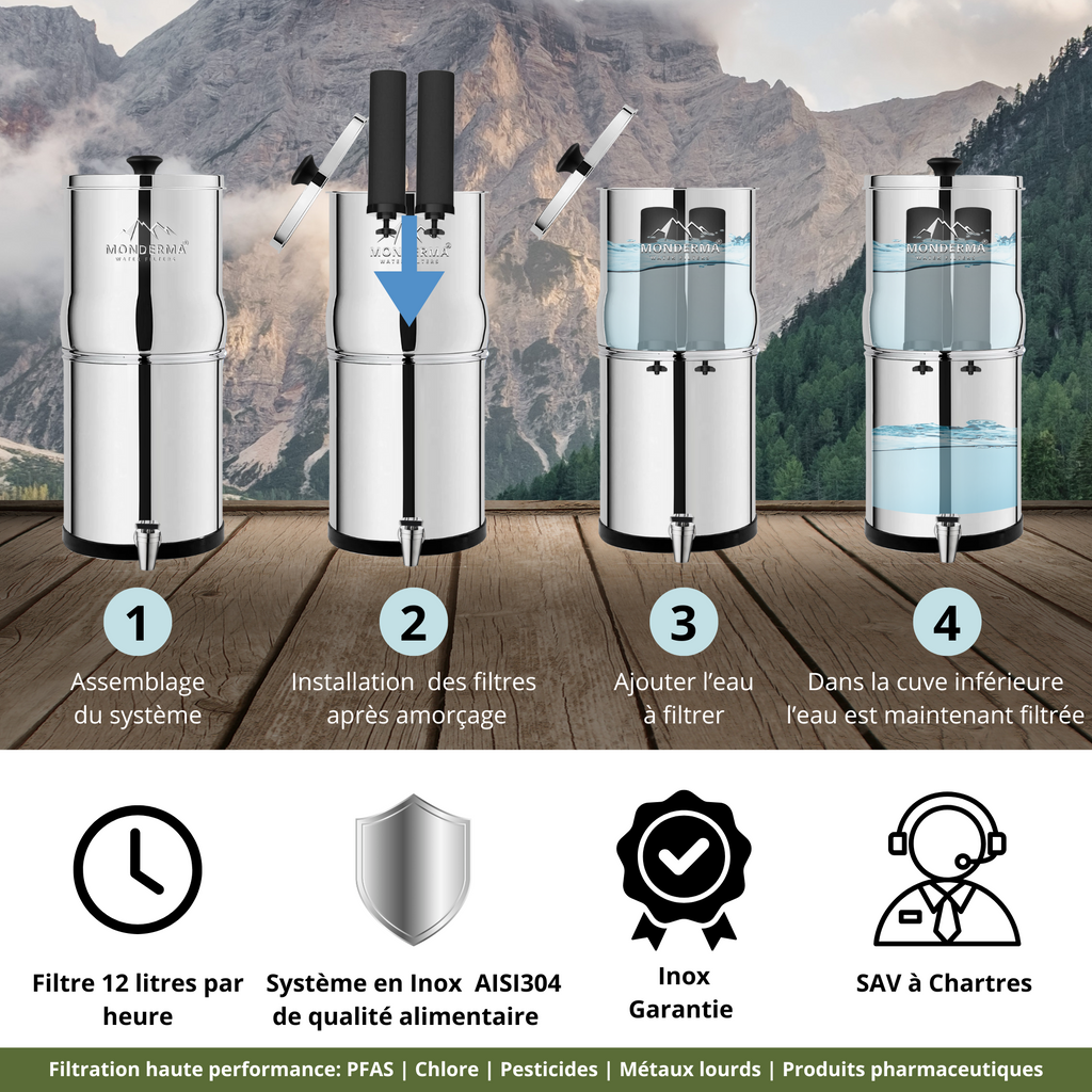 fontaine à gravité Monderma Big 8.5L - purificateur d'eau, inclus 2 filtres black filters, base inox, robinet avec vue Monderma waterfilters