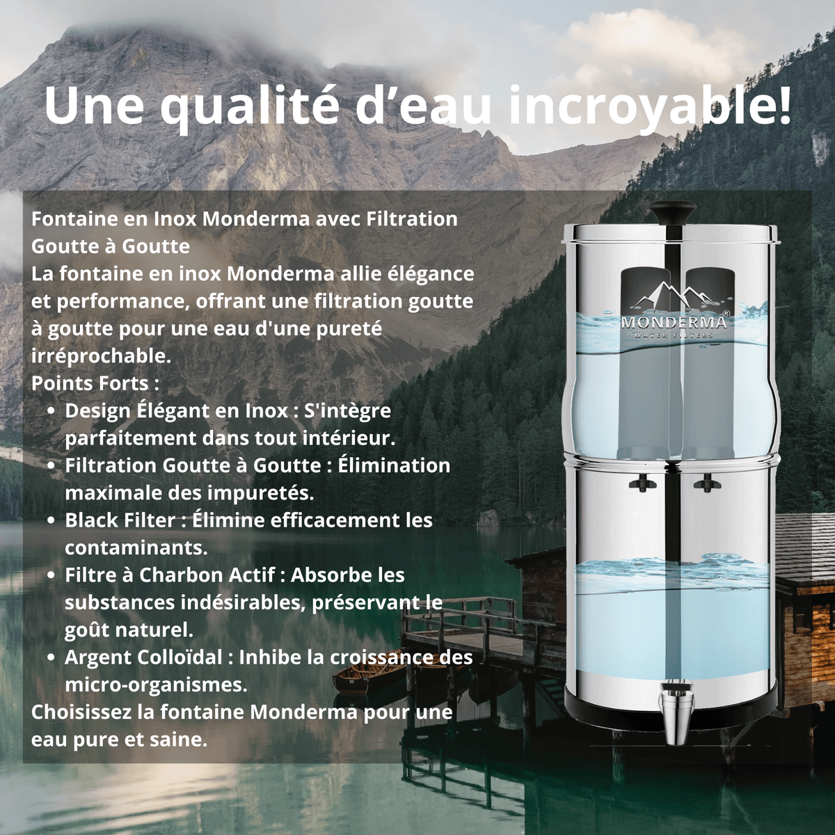 fontaine à gravité Monderma Big 8.5L - purificateur d'eau, inclus 2 filtres black filters, base inox, robinet avec vue Monderma waterfilters
