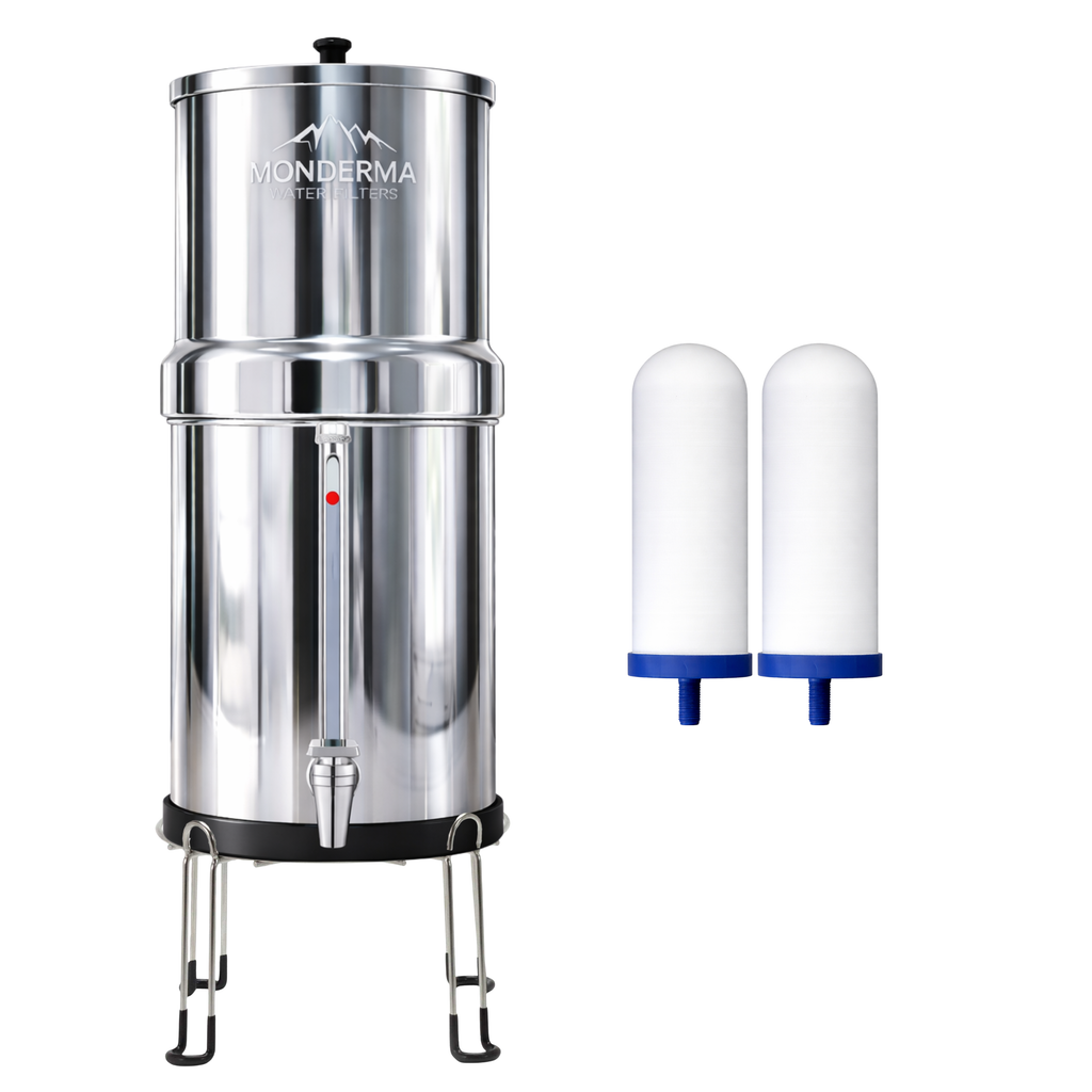 fontaine à gravité Monderma Big 8.5L - purificateur d'eau Coldstream FTO+, 1 base inox, 1 robinet avec vue FBM Monderma waterfilters
