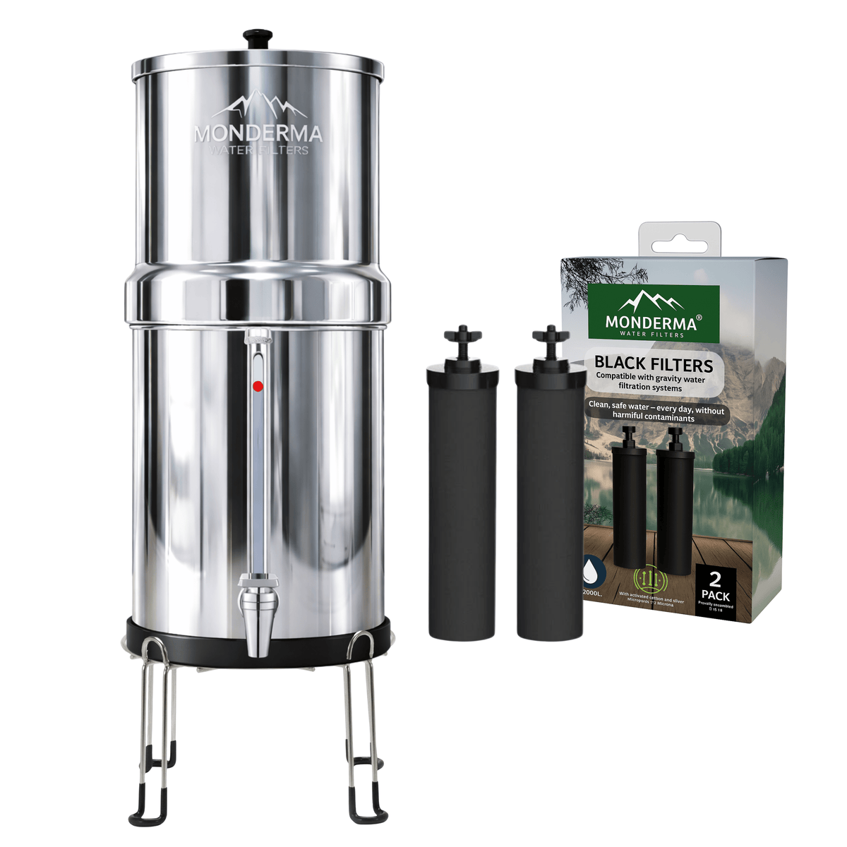fontaine à gravité Monderma Big 8.5L - purificateur d'eau, inclus 2 filtres black filters, base inox, robinet avec vue Monderma waterfilters