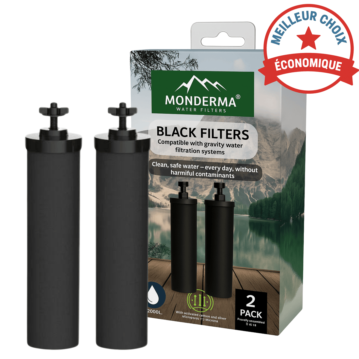 Monderma éléments de filtration Monderma Black filters - cartouche filtration MD-black-filter-2, 12 mois, alternative berkey Monderma waterfilters